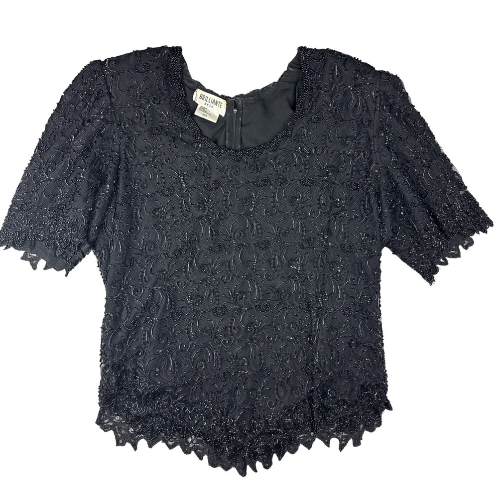 Vintage Brilliant by J.A. Top Womens XXL Black Mesh Blouse Overlay Beads Scoop
